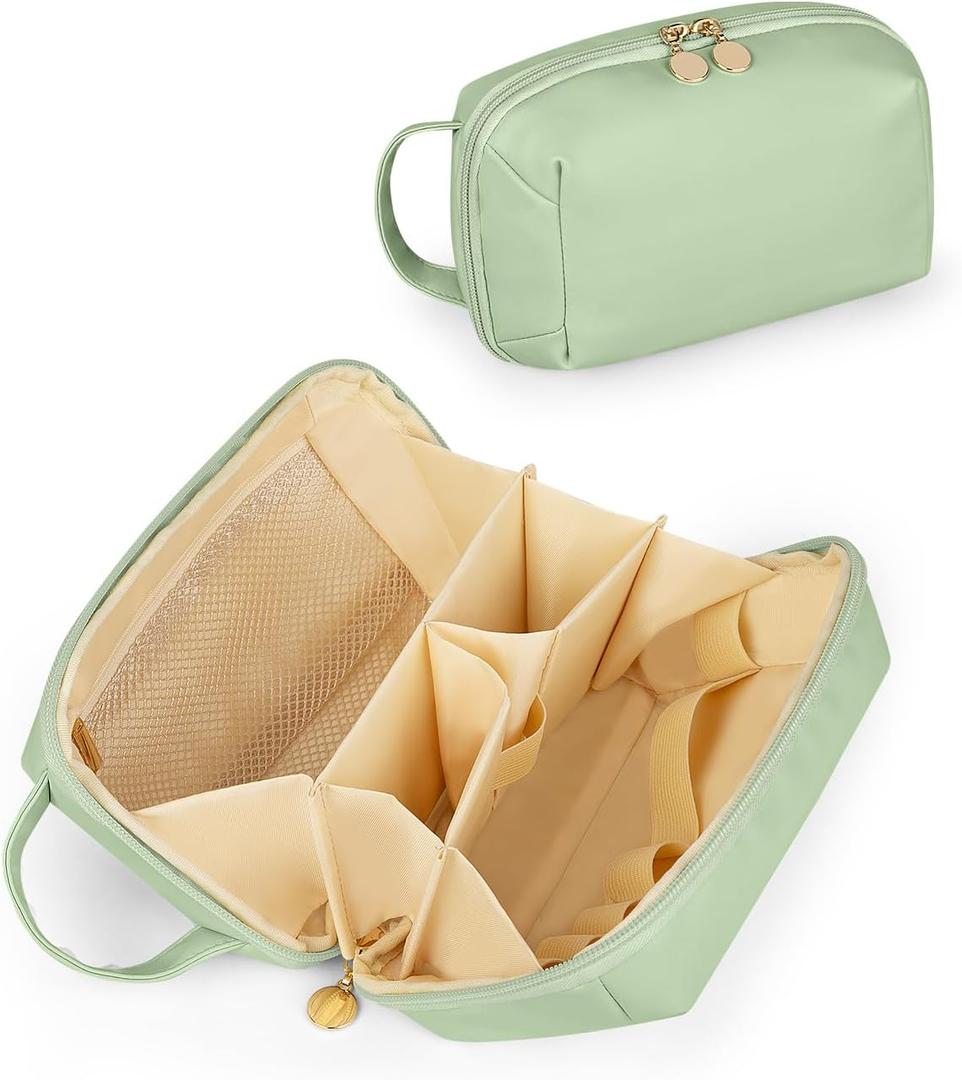 Travel Makeup Bag Gift for Women, Soft PU Leather Cosmetic Bags, Waterproof Toiletry Bag, Portable Wide Open Pouch, Travel Cosmetic Bag with Divider and Handle, Medium, Green