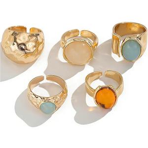 Chunky Gold Rings for Women Dainty Adjustable Non Tarnish Chunky Gemstone Statement Ring Vintage Irregular Open Ring Set Trendy Jewelry for Women
