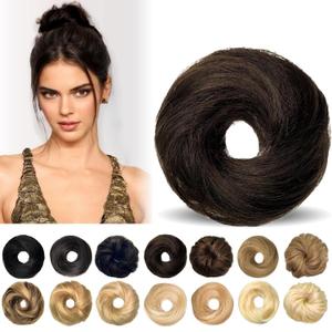 Messy Bun Hair Piece Human Hair Scrunchies 100% Human Hair, Messy Bun Hair Scrunchie Real Hair Bun Tousled Updo Chignons Stretchy Fluffy for Women Girls (Dark Brown) (3.5 Inch)