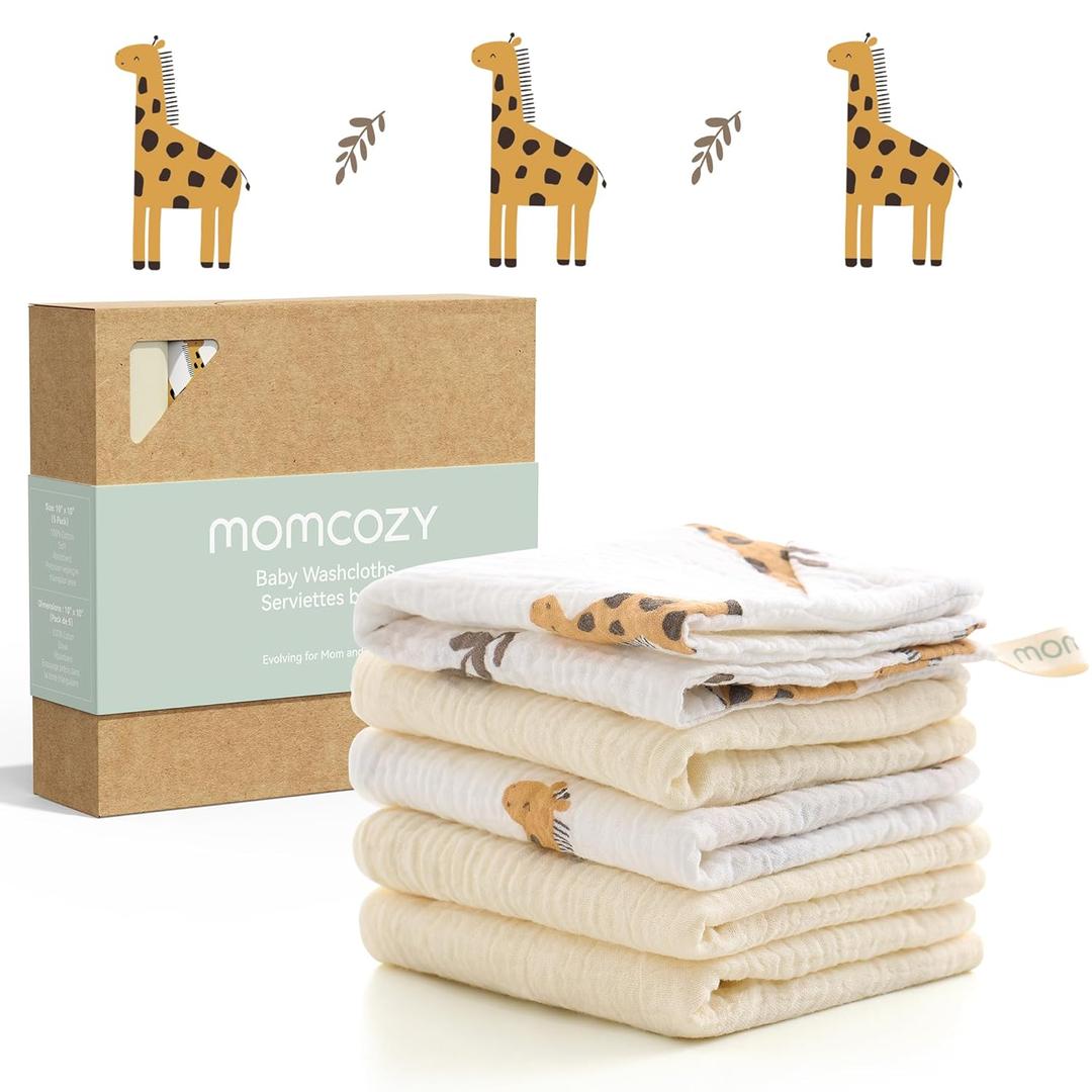 Momcozy Baby Washcloths - 4 Layer Design| Medium Thickness| Premium Cotton for Newborns' Skin-Great for Bathing, Wiping & on-The-go Use, Shower Gift and Essential(5 Pack, 10x10 inch) (Sunny Giraffe)