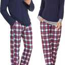SWOMOG Couples Pajama Sets Women & Men Long Sleeve Sleepwear Top Plaid Pants Loungewear Set with Pockets (Medium, Navy Blue - Red Plaid)