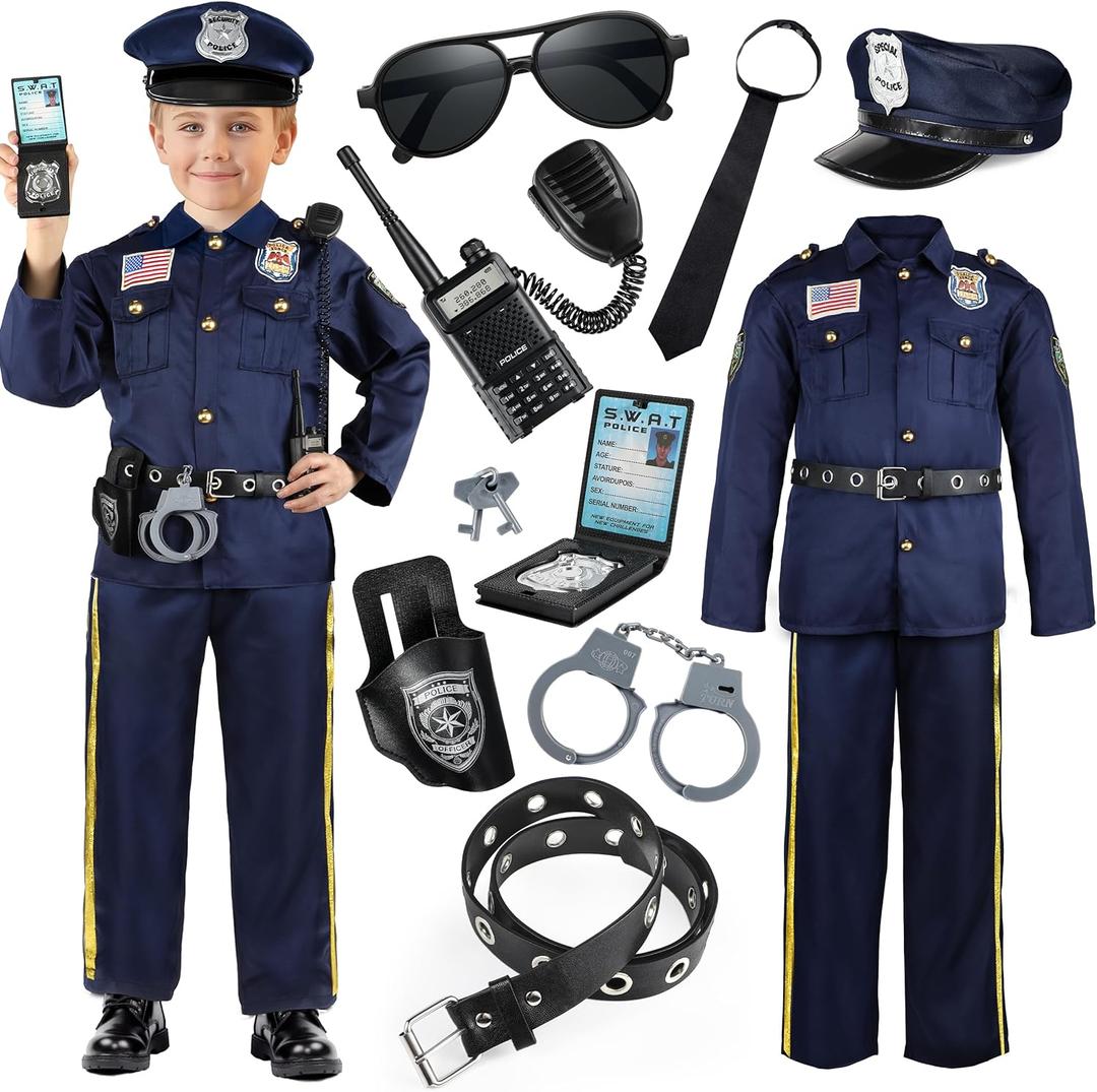 Police Officer Costume for Kids, Cop Costume Outfit Set with Toy Accessories, Halloween Costumes for Boys S(4-5Y), Silver Cap)