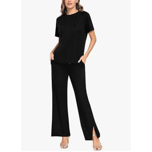 MoFiz Women's Summer 2 Piece Casual Outfits Tracksuit Sweatsuit Lounge Set Sleeveless Polo Short Sleeve T-Shirt Wide Leg Pant Size M