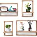 PHOENANCEE Square Floating Shelves,Framed Wall Shelf Decorative Set of 4,Modern Plants Hanging Display Art Decor Storage for Livingroom Bedroom Bathroom Farmhouse,Home Light Wood,Carbonized Black