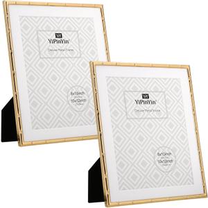 10x12'' Gold Metal Bamboo Detail Picture Frame with Acid Free Mat for 8x10'' Set of 2, Elegant Narrow Plated Photo Frames 5x7'' With Velvet Backing for Desktop and Wall Dcor (10X12 Mat 8X10 2PK, Dark Gold)