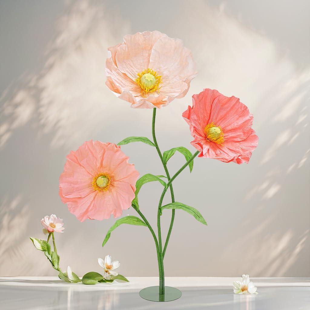 Large Paper Fake Flowers Decor -5.6 Ft Giant Artificial Flowers Big Floral with Standing Base for Valentine Wedding Parties Baby Showers Window Display Background Decorations (Set of 3)