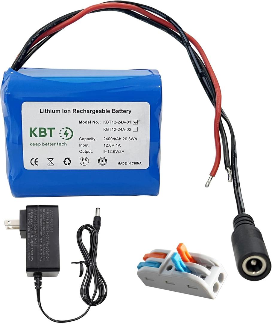 KBT 12V 2400mAh Rechargeable Li-ion Battery, Bare Leads Wire Replacement Battery Pack with Charger Compatible with 12V Devices RC Car, Boat, Robot, DIY, LED Light Strip, CCTV Camera