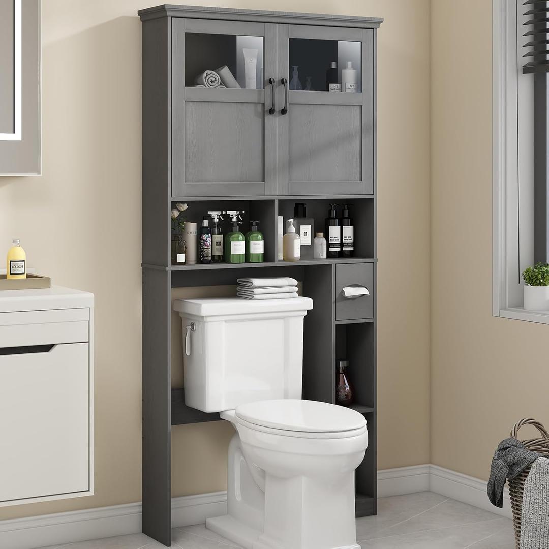 Over The Toilet Storage Cabinet With Double Doors & Paper Holder Stand, Freestanding Shelf Space Saver, Anti-Tip Design & Adjustable Shelf, Natural Grey (W33.03'')