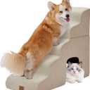 Joydeco Dog Stairs for Bed 29" H, 5-Step Pet Steps for Small Dogs and Cats, Dog Steps for High Bed, Non-Slip Balanced Ramp Indoor Pet Stairs, Beige