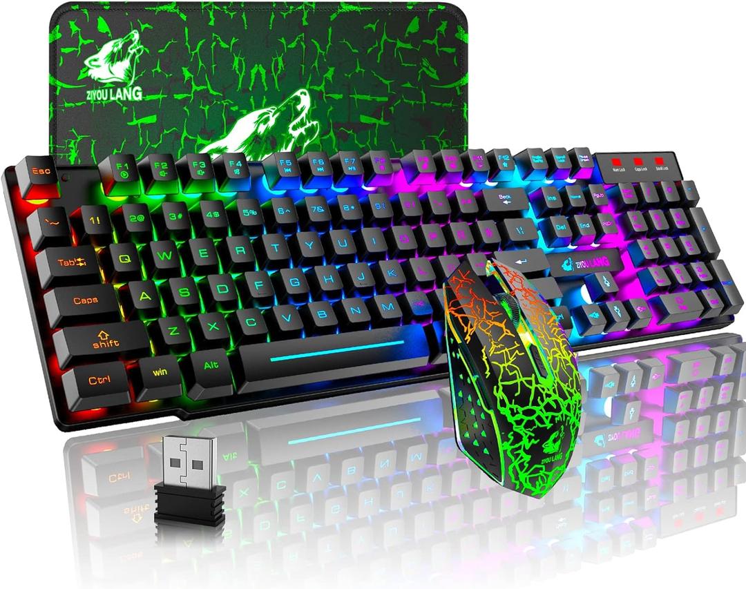 Wireless Gaming Keyboard and Mouse Combo with Mouse Pad, Rechargeable 2.4GHz Full-Size Keyboard and 2400 DPI Mouse, Rainbow Backlit, Quiet Mechanical Feel, 29-Key Anti-Ghosting for PC Mac Gamer