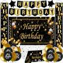 Black and Gold Birthday Decorations, Birthday Party DecoratIons for Men Boys Women Girls with Black Gold Happy Brthday Banner Tablecloth Backdrop Porch Sign Door Decoations Balloons