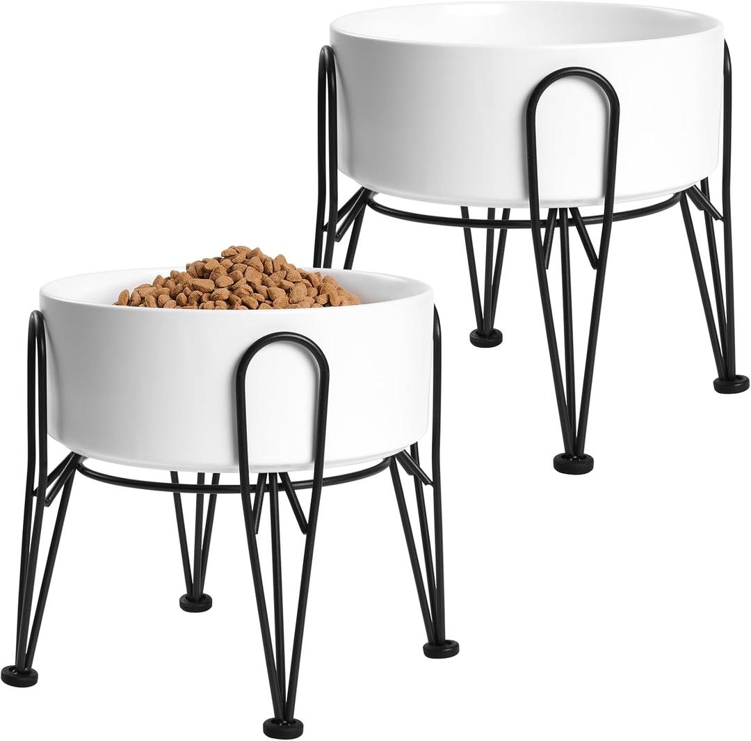 Elevated Dog Bowls, Ceramic Raised Dog Bowl Set with Anti-Slip and Non-Tip Metal Stand, 2 Pack Pet Food and Water Feeding Bowls for Small and Medium Dogs (White,7.6 Cups)