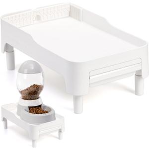 YOUEON Raised Pet Feeder Stand for Cats and Dogs Neck Health, Adjustable Height Elevated Shelf Suitable for 90% Automatic Pet Feeder & Water Dispenser, with Drawer to Stock Pet Snacks, Canned Food