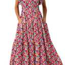 BLENCOT Womens Cotton Floral Maxi Dresses Casual Flowy Boho Dresses Summer Ruffle Short Sleeve V Neck Dress with Pockets, Size: M