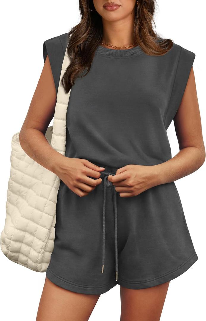 OFEEFAN Rompers for Women Summer Cap Sleeve Adjustable Drawstring Waistband Crewneck Casual Outfits with Pockets (X-Large, 0-dark Grey) OFEEFAN Rompers for Women Summer Cap Sleeve Adjustable Drawstring Waistband Crewneck Casual Outfits with Pockets (X-Large, 0-dark Grey)