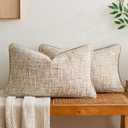 a moment Khaki Reversible Pillow Covers 2 Pack - Farmhouse Chenille Throw Pillows, Neutral Textured Decorative Throw Pillow Covers with Border for Couch Sofa Bed (12x20 Inch, No Insert)