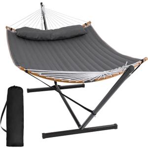 SUNCREAT Double Portable Hammock with Stand, 2 Person Hammock with Curved Spreader Bar, Balance Ropes Included, Dark Gray