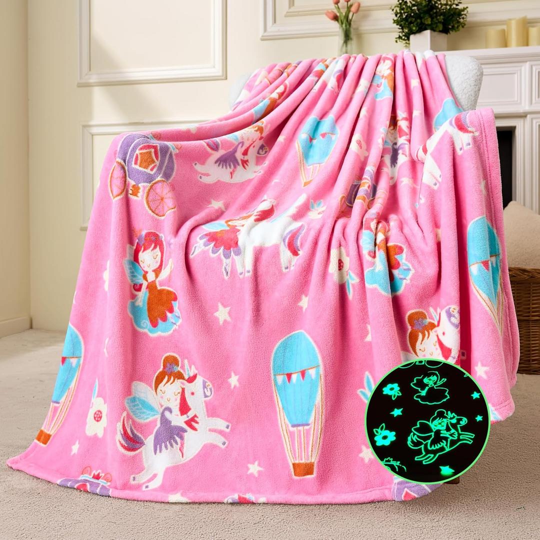 Joiedomi Glow in The Dark Blanket Unicorn Toys for Girls Age 2 3 4 5 6 7 8 9 10 11 12 Year Old Girl Gifts, Soft Cozy Flannel Kids Throw Blanket, Birthday Bedroom Decor 50"60"
