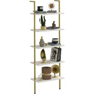 aboxoo Ladder Shelf White Marble Bookshelf 5-Tier Wall-Mounted Wood Rack Industrial Modern Plant Flower Stand Utility Organizer Open Bookcase Metal Frame Furniture Office Kitchen Bedroom (5-Tier, White Marble)