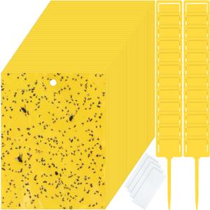 Qualirey 150 Pcs 6 x 8 Inch Sticky Traps for Gnats Dual Sided Fruit Fly Sticky Traps for Indoor and Outdoor Plant with Twist Ties and Plastic Holders for Flying Plant Insect, Fungus Gnats (Yellow)