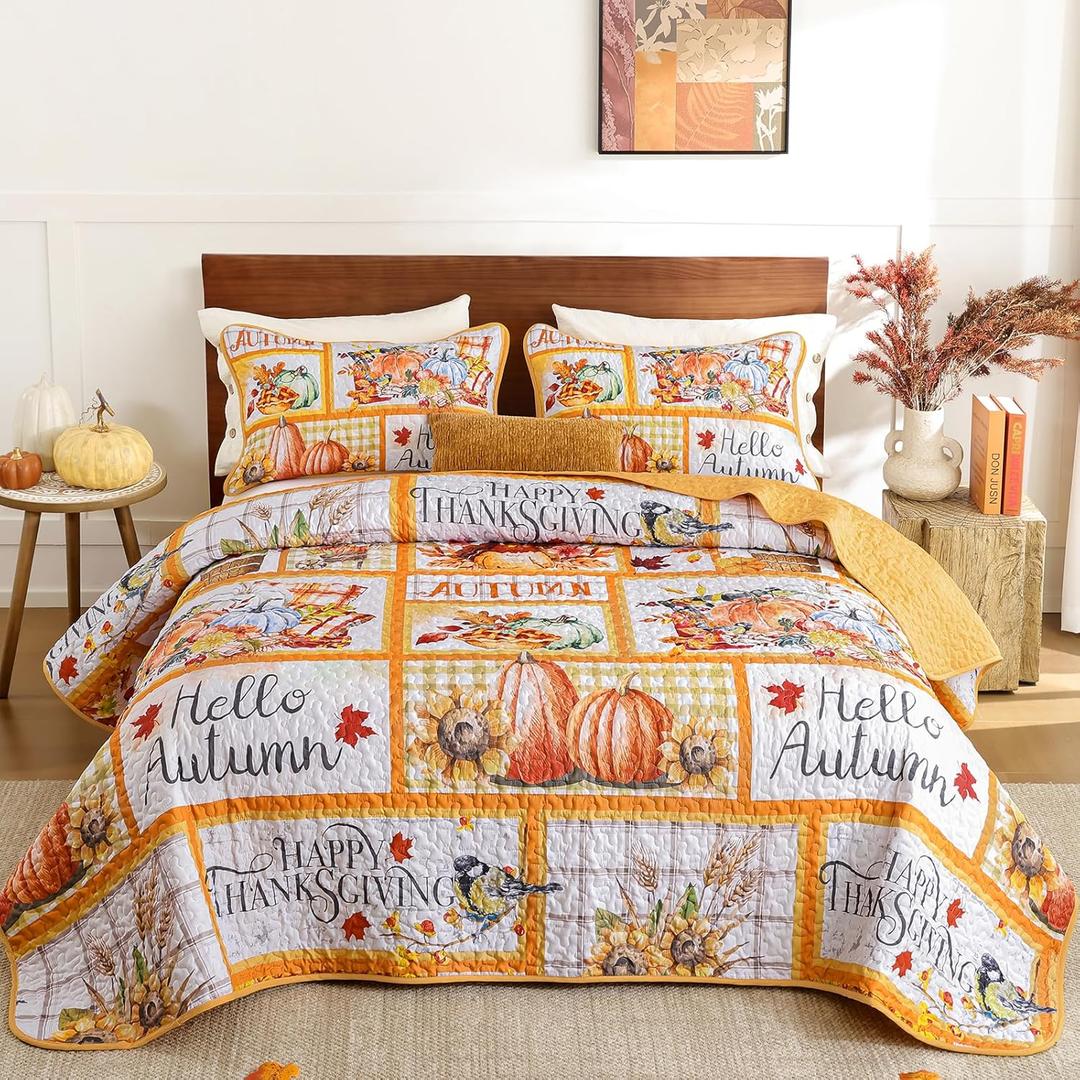 Thanksgiving Patchwork Quilt Set Turkey Pumpkin Sunflower Bedspread Set King Size-Autumn Harvest Themed Polyester Bedding Set 3 Pieces(104x90)