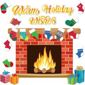 Christmas Fireplace Bulletin Board with Christmas Cardboard Prop Xmas Stockings Cutouts Fake Fireplace Backdrop for Winter Holiday Home Classroom Wall Blackboard Decor