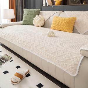 Geometric Jacquard Plush Warm Sofa Couch Cover, Soft Funny Fuzzy Couch Covers, Non Slip Sectional Sofa Slipcover, Cozy Washable Furniture Protector for Kids, Pets (Beige White, 28"x 28")