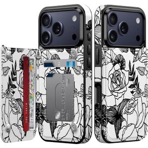 FUNMIKO for iPhone 17 Pro Wallet Case with Card Holder + Cash Clip, RFID-Blocking, Military-Grade Drop Protection & UV-Printed Artwork, Magnetic Closure with Leather Kickstand - Floral Sketch