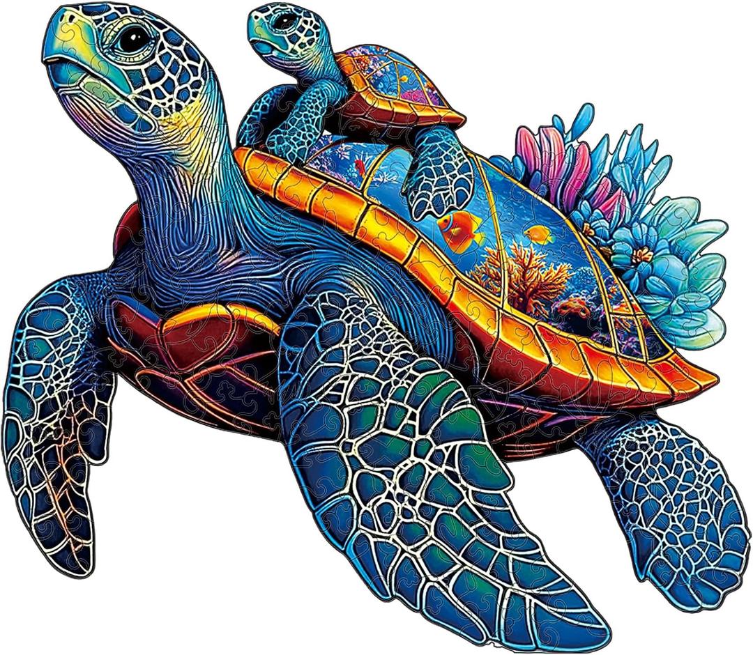 Wooden Jigsaw Puzzles for Adults Teens Kids, Parent and Child Sea Turtle Wood Puzzle, 200 Pieces Unique Animal Shaped Puzzle, Fun Challenging Family Games, 11.49" x 9.65", Gift Box Included (Medium)