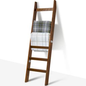 TEAKMAMA 6-Tier Blanket Ladder for Living Room and Bedroom,5.4 Ft Wall Leaning Quilt Rack with Hooks,Rustic Decorative Farmhouse Blanket Storage,Stylish Ladder Holder,Easy to Assemble,Mahogany Finish
