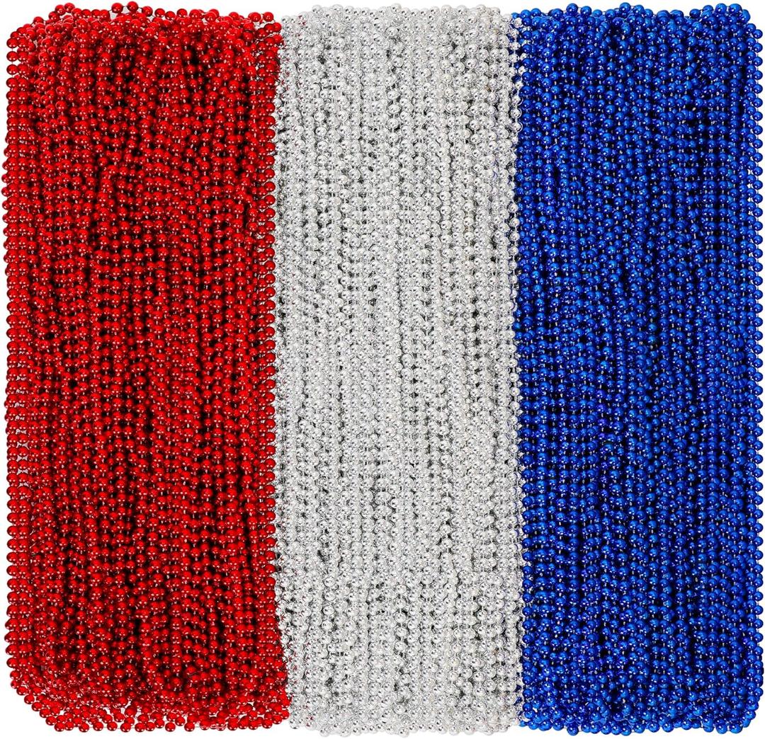 Huskein 200 PCS Beads Necklace, 33" Patriotic Necklace, Red Blue Silver Fourth of July Beads Accessories Party Supplies for Adult 4th of July Independence Day Memorial Day Veterans Day
