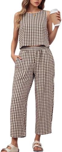 PJFPJF 2 Piece Sets For Women 2025 Summer Matching Wide Leg Crop Pants Outfits Travel Vacation Beach Lounge Sets (Coffee khaki, M) at Amazon Womens Clothing store