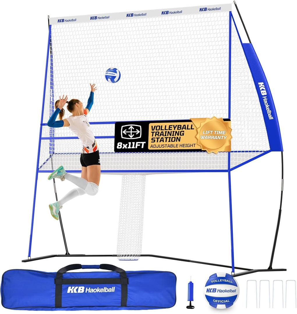 Haokelball Volleyball Practice Net Station  118 FT Adjustable Volleyball Training Equipment with Ball & Carry Bag, for Back to School Indoor Gym, Backyard & Outdoor, Serving, Hitting & Passing