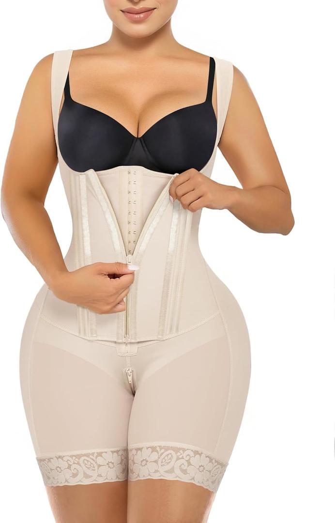 SHAPERX Fajas Colombianas Shapewear for Women Tummy Control Body Shaper Postpartum Butt Lifter with Zipper and Hooks (Medium, Beige)
