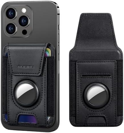 nuoku Magnetic Phone Wallet, Compatible with Magsafe Wallet for Airtag Holder, Max Fits 6 Cards, Black Leather, Wallet Case, iPhone 15/14/13/12 Series (Not 13 Mini/12 Mini)