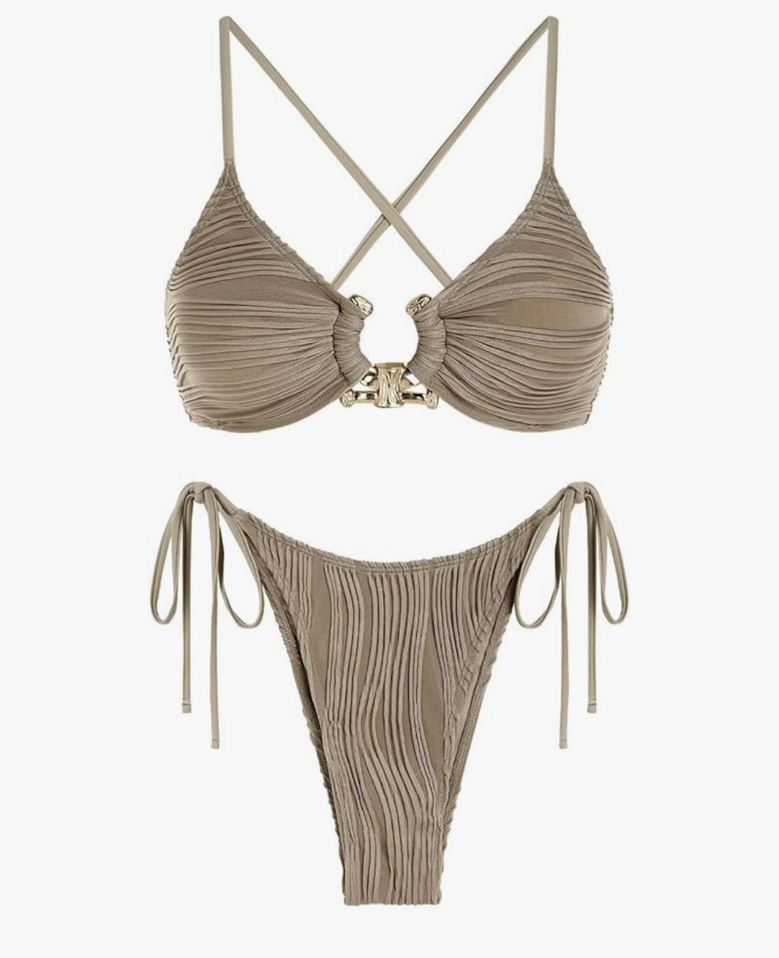 ZAFUL Women's Sexy Cutout Bikini Set High Cut Textured Metal Ring Cheeky Swimsuit Two Piece Bathing Suit, Large 
