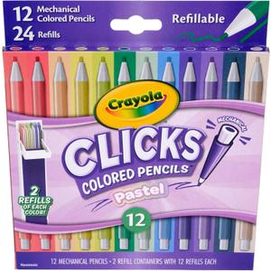 Crayola Clicks 2.0mm Mechanical Colored Pencil Set, 12 Pastel Colors, Cute School Supplies for Teachers, 24 Replacement Cores, Ages 6+