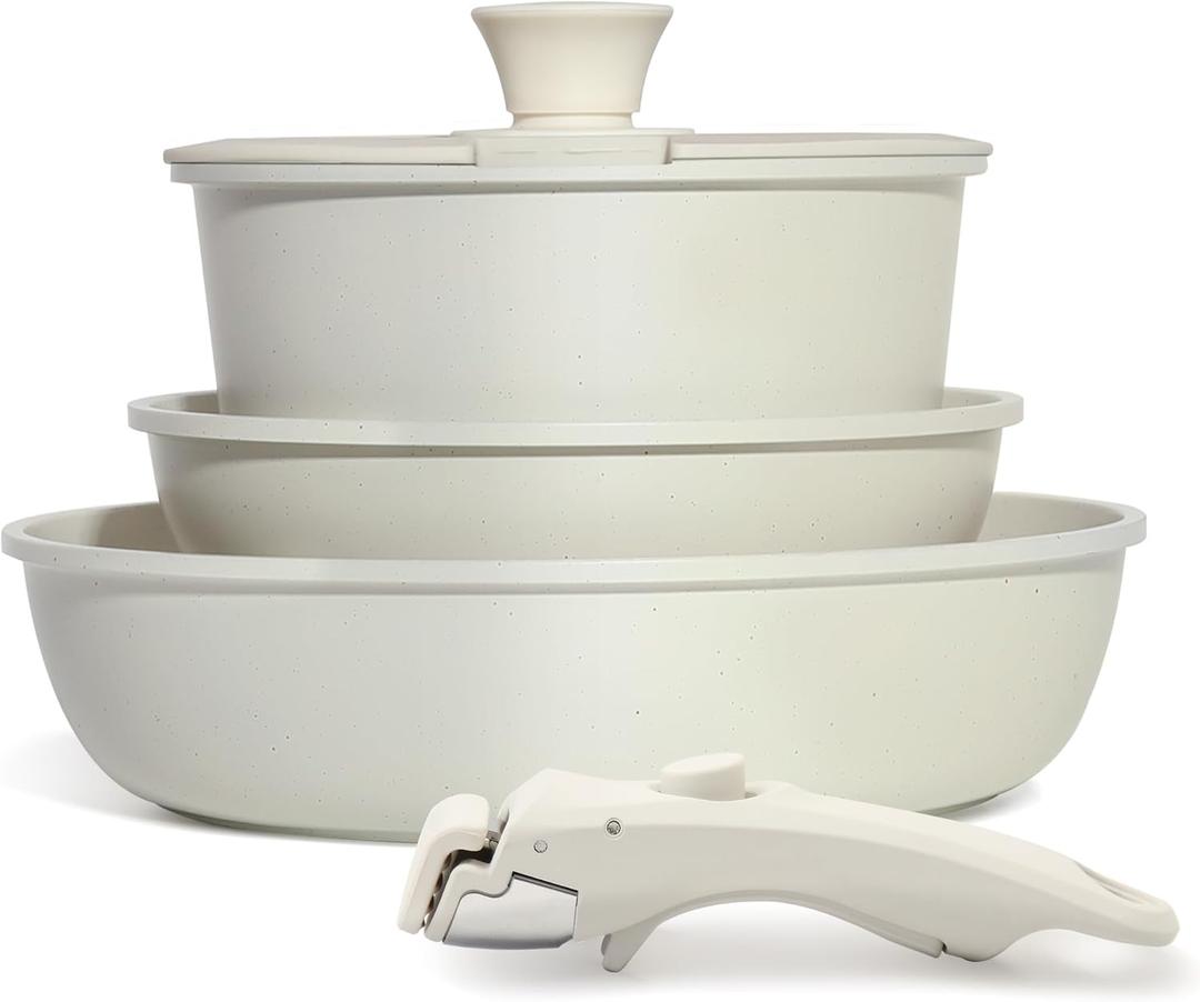 5PCS Pots and Pans Set Non Stick, Kitchen Cookware Sets with Detachable Handle, Induction Cookware Sets, Non Stick RV Cookware Cooking Set, Dishwasher  Oven Safe, PFOA Free, Cream White
