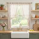 jinchan Belrose Linen Floral Cafe Curtains 54 Inch Length Embroidered Farmhouse Curtains for Kitchen Bedroom Bathroom Small Windows Curtain Set Light Filtering 2 Panels Ivory