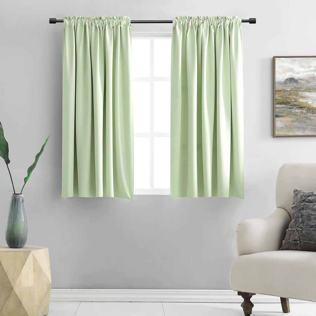 DONREN Light Green Blackout Curtains 48 inches Long for Short Window, Rod Pocket Thermal Insulated Energy Efficiency Window Draperies for Kids Room (2 Panels, 52-inch Wide by 48-inch Long)
