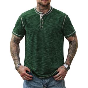 Men Henley Shirts Stretch Classic Summer Casual 5 Button T-Shirt (S-3XL) (L)