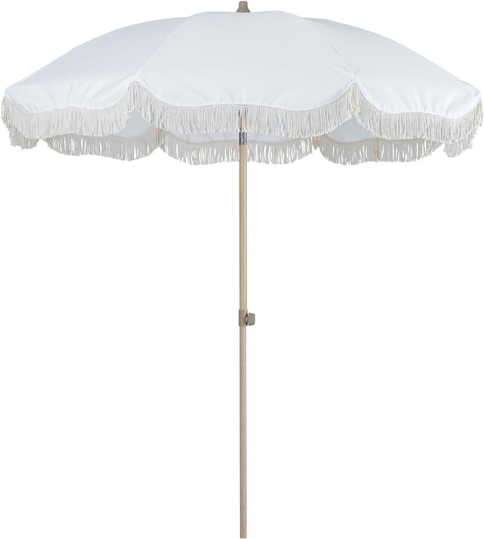 Tempera 7ft Boho Beach & Patio Umbrella with Fringe, Market Umbrellas with UPF 50+ UV & Water-Resistant Canopy, 1.5" Wood Pole & Button Tilt. (White)