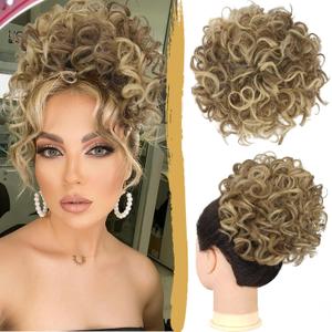 PEACOCO Messy Bun Short Curly Ponytail Extension Elastic Drawstring Loose Hair Bun for Women with Thinning Hair High Temperature Synthetic Fiber Hair Bun 80g, Light Ash Blonde Mixed Bleach Blonde