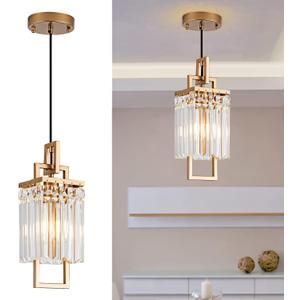 Modern Gold Pendant Light Fixtures for Kitchen Island and Dining Room, Industrial Small Hanging Crystal Chandelier Light Fixture for Bedroom Entryway Living Room Foyer Hallway 1-Pack
