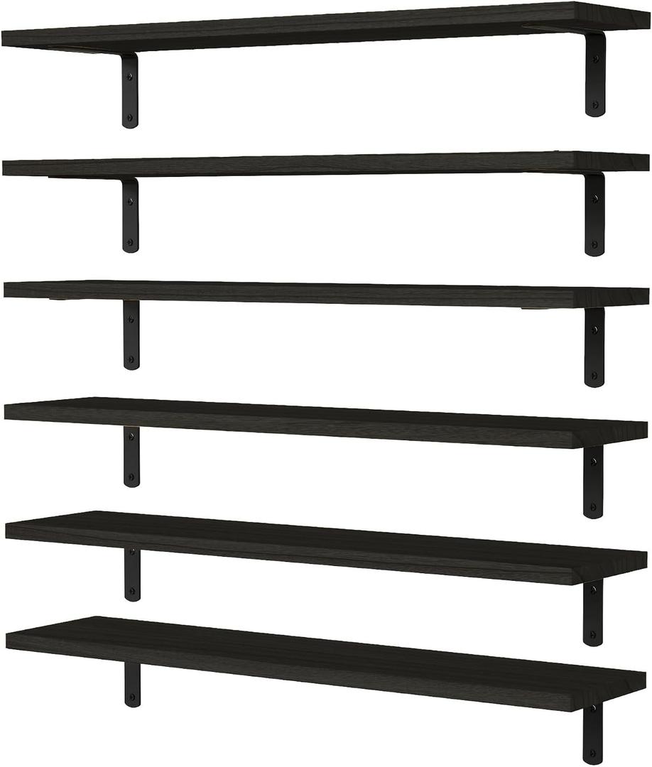 WOPITUES Wood Floating Shelves Set of 6, 24 inch Long Floating Shelves for Wall Decor, Farmhouse Shelf for Bedroom, Bathroom Storage Shelves, Book Shelves for Living Room - Black
