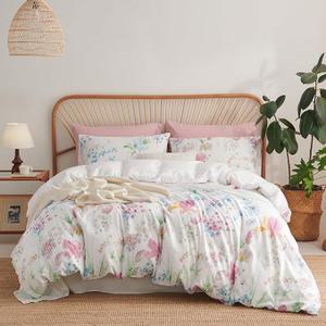 Floral Duvet Cover Set Queen Size Pink Purple Flower Bedding Set with Zipper Closure Reversible Flower Botanical Pattern Soft Microfiber Comforter Cover Set for Girls Women with 2 Pillowcases