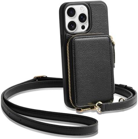 ZVE for iPhone 15 Pro Wallet Case, Crossbody Phone Purse with Card Holder for Women, Zipper Leather RFID Blocking Carrying Cover with Wrist Strap for iPhone 15 Pro 6.1 inch- Black