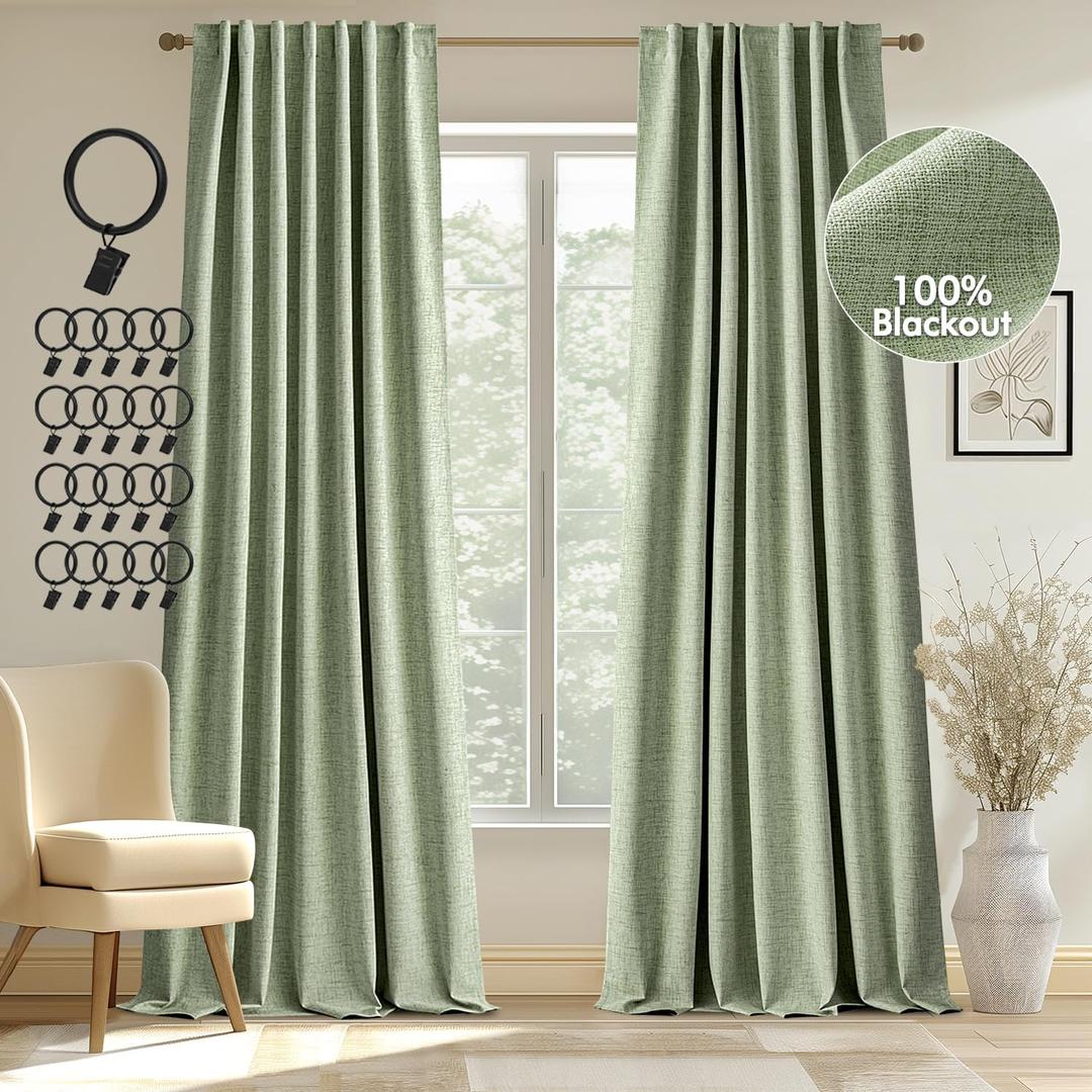 MIULEE 100% Blackout Curtains 96 inches Long, Linen Curtains & Drapes for Bedroom Living Room Back Tab Black Out Window Treatments Thermal Insulated Room Darkening Rod Pocket, Sage Green, 2 Panels