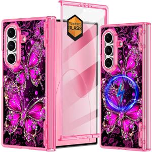 Hekodonk for Galaxy Z Fold 7 Case,[Compatible with MagSafe][Glow in The Dark][Front Screen Protector][Stand][Hinge Protection],Slim Fit for Women Girls for Samsung Galaxy Z Fold 7,Pink