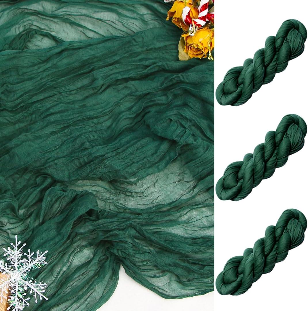 FEXIA 3 Pack Emerald Green Table Runner 35x120 Inches for Baby Shower Decoration Gauze Rustic Table Runner for Wedding Party First Communion Centerpiece Engagement Bridal Shower Boho Decoration